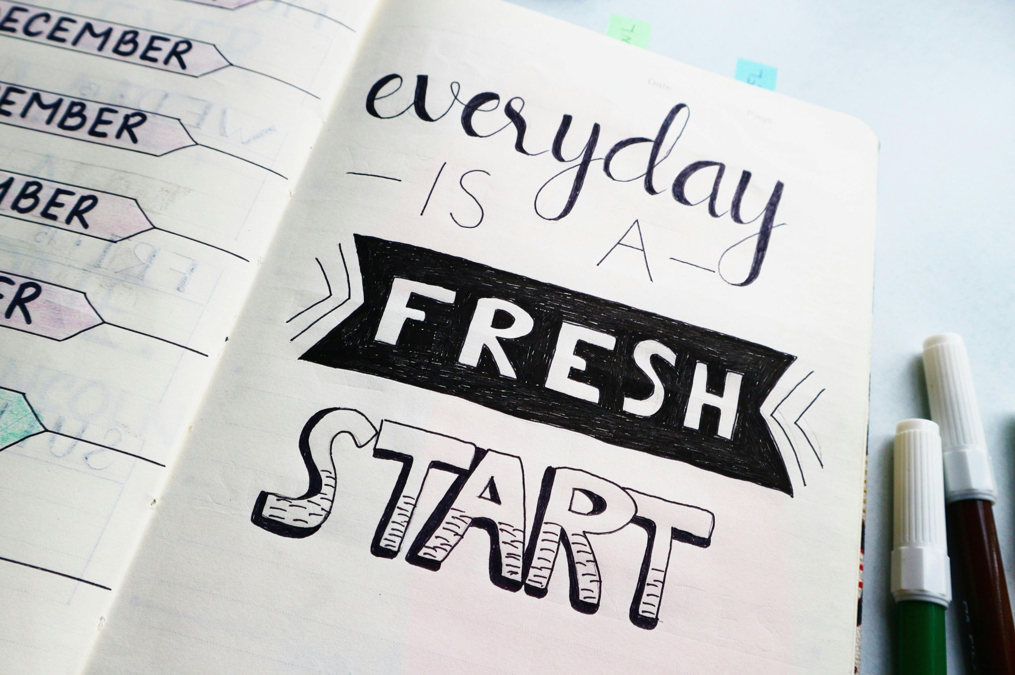 Journal page reading 'Everyday is a fresh start'